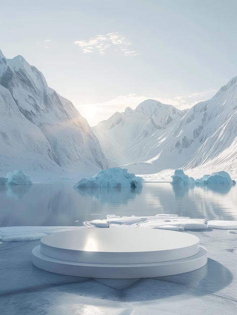 A tranquil scene showcasing a circular podium on a frozen lake surrounded by icebergs and snowcovered mountains under a softlit sky