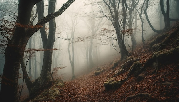 Tranquil scene of a spooky forest in autumn mystery generated by artificial intelligence