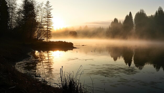 Photo tranquil scene of a sunset over a forest generated by ai