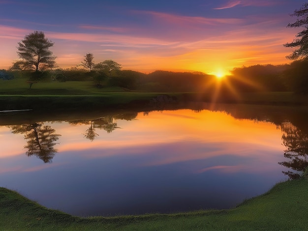 Tranquil scene of a sunset over a peaceful reflective pond