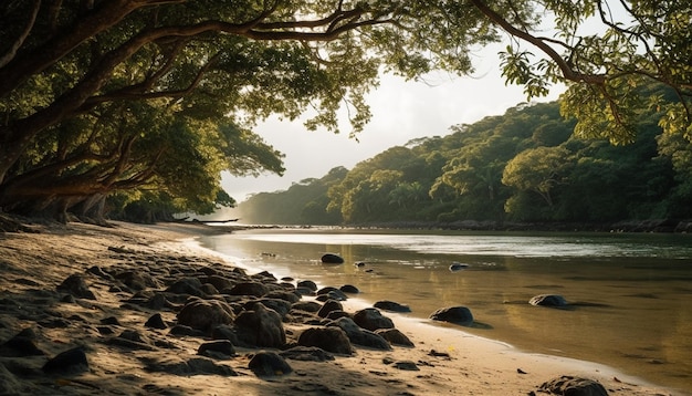 AIが生成した水の流れによる静かな樹木の情景