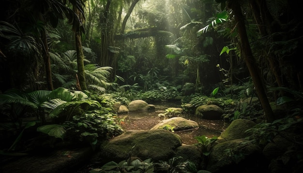 人工知能が生成した人の手が入っていない熱帯雨林の静かな風景