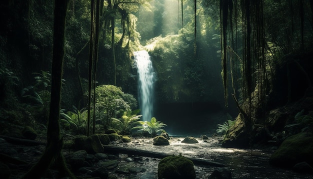 Photo tranquil scene of a tropical rainforest with flowing water and ferns generated by artificial intelligence