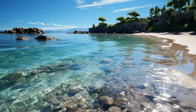 Tranquil scene turquoise waters, sandy beach, palm trees, and sunset generated by artificial intelligence