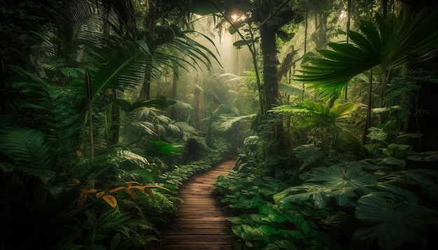 Tranquil scene Wet footpath winds through forest generated by AI