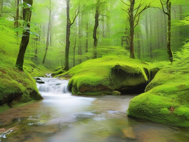 Tranquil scene of a wet green forest with flowing water