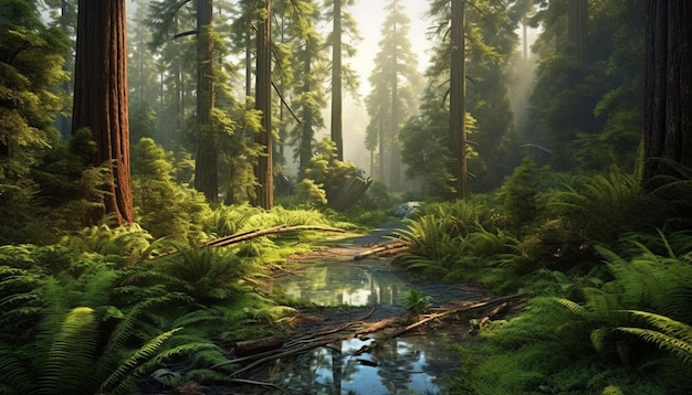 Tranquil scene with forest nature tree landscape leaf green color beauty generated by artificial intelligence