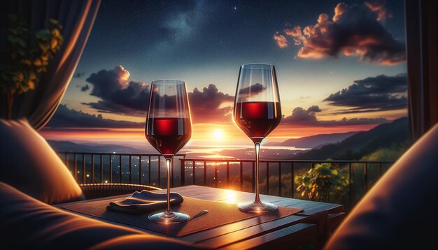 A tranquil scene with two glasses of red wine on a table set against a backdrop of a beautiful