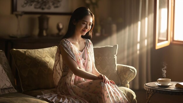 Tranquil scene of young woman in the sitting room