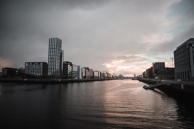 Tranquil scenery of the river flowing in Dublin at sunset on a gloomy day