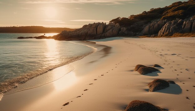 Foto tranquillo paesaggio marino all'alba, la luce del sole gialla si riflette sulle dune di sabbia generate dall'intelligenza artificiale