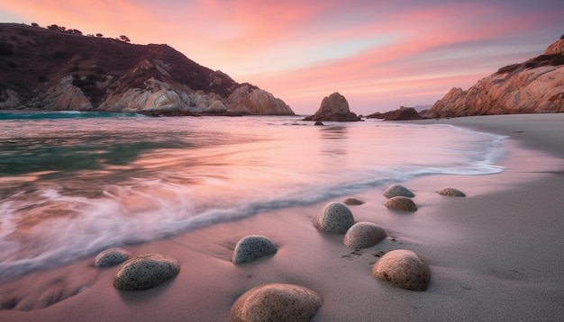 Tranquil seascape at dusk waves crash on rocks generated by AI