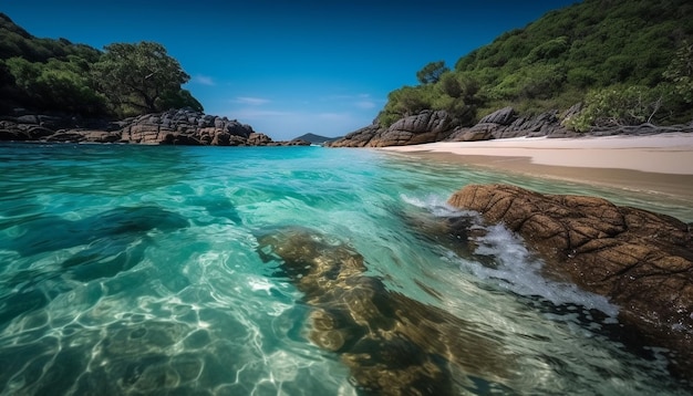 Tranquil seascape waves crash on rocky cliff generated by AI