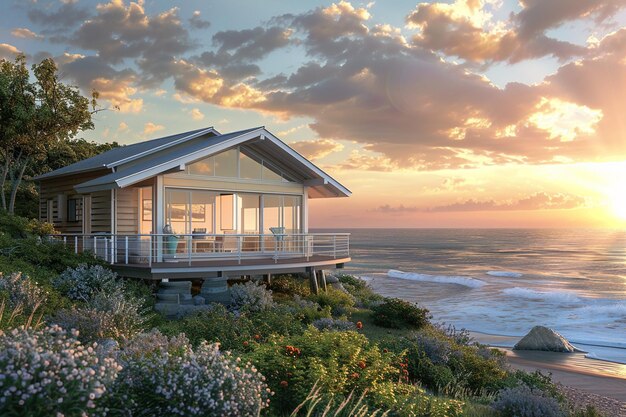 Photo tranquil seaside cottages with panoramic ocean vie