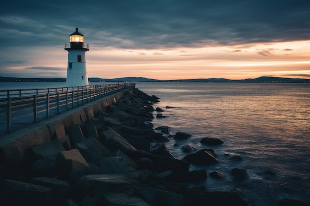 Tranquil Seaside Town Pier and Lighthouse at Dusk