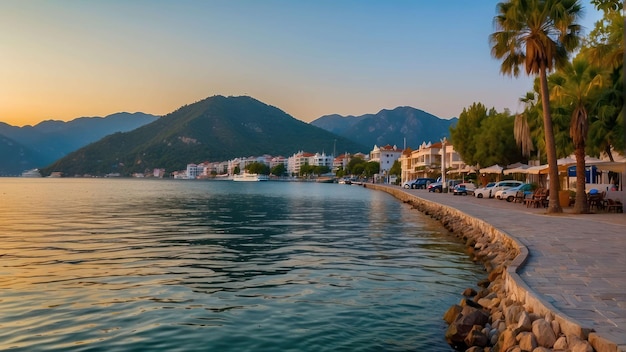 Tranquil seaside town at sunset with boats