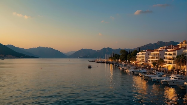 Tranquil seaside town at sunset with boats