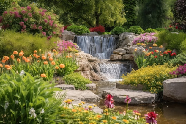 A tranquil and serene flower bed with a peaceful waterfall in the background