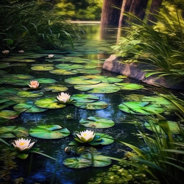 A tranquil and serene pond with lily pads frogs and dragonflies