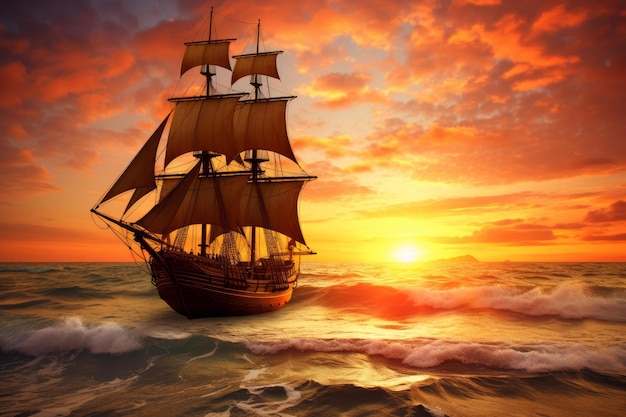 Tranquil Ship sails ocean sunset Generate Ai