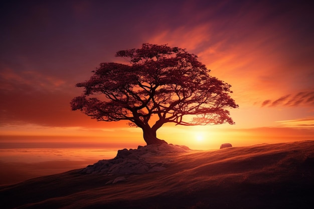 Tranquil silhouette of a tree against a fiery sunset