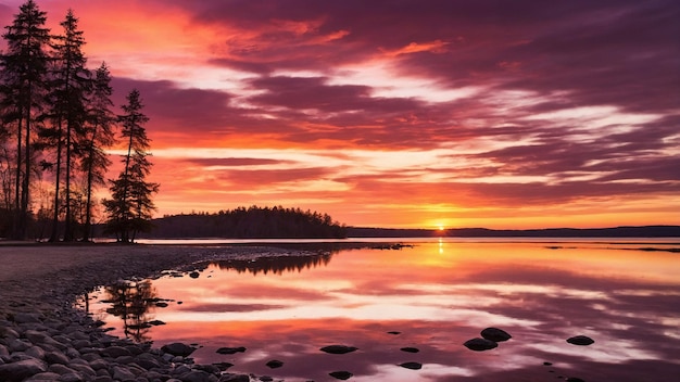 Photo tranquil silhouette of trees lining the shores of a glassy lake as the fiery hues of the setting sun