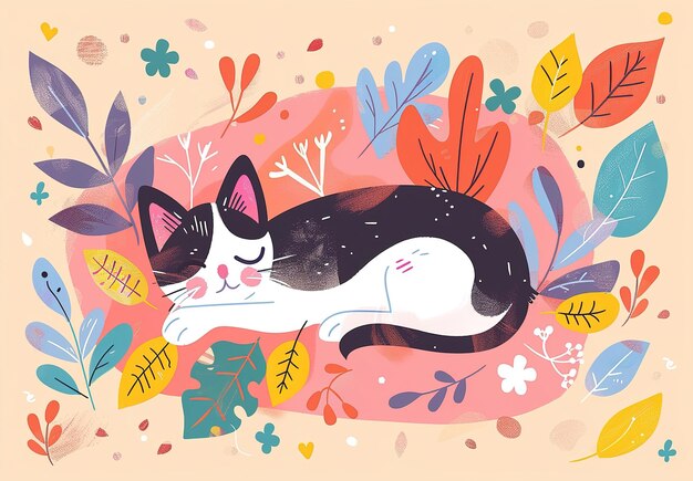 Tranquil sleep amidst the embrace of nature a vibrant illustration of a cat nestled among colorful leaves