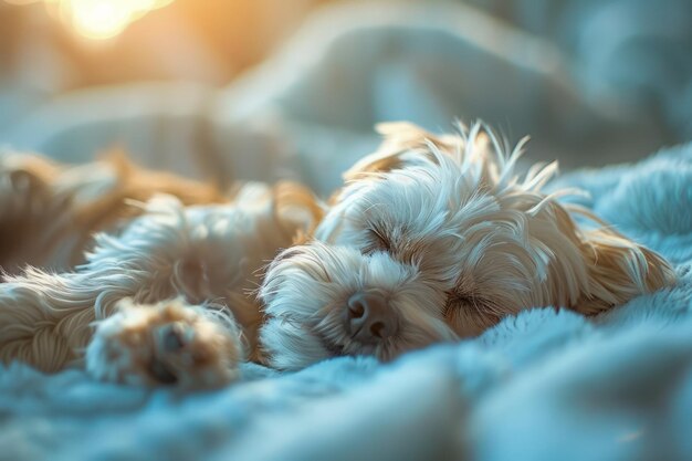 暖かい日光に浴びて快適で快適なベッドに眠っている犬平和なペットナップシーン