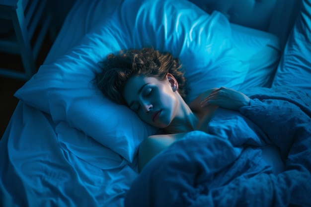 Photo tranquil sleeping environment serene woman rests in subdued blue room