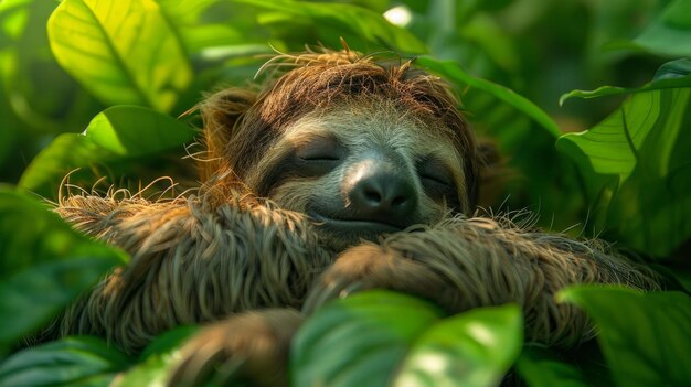 tranquil sloth in natural habitat peaceful green foliage backdrop serene closeup gentle ambient lighting AI Generative