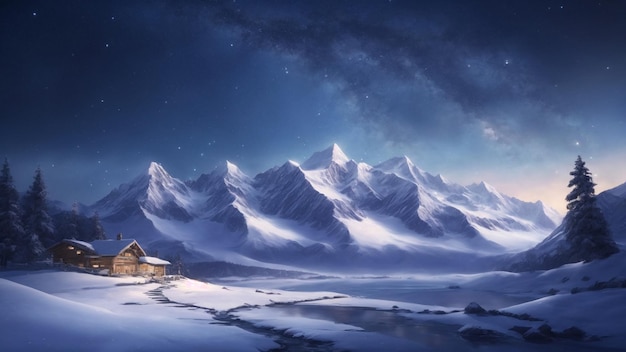 Photo tranquil snowcovered mountain range under a starry night sky