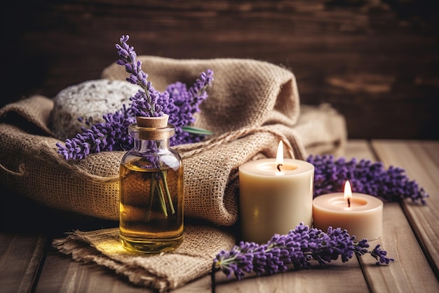 Tranquil Spa Massage Setting with Lavender Product and Oil on Wooden Background Created with Generat