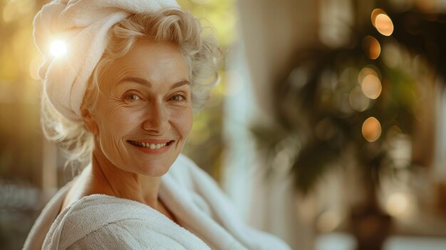 조용한 스파 리트리트, 피부 회복을 촉진하는 증기 방 사우나와 물 치료 중 아름다운 노인 여성에 대한 신체 보살.