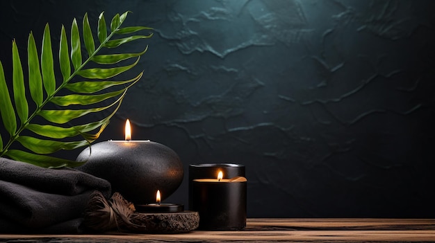 Tranquil spa scene featuring lit candles polished stones and tropical leaves against a dark backdrop