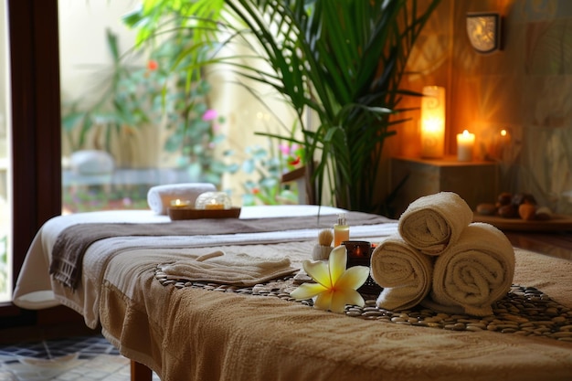 Tranquil spa setting with massage table towels and peaceful ambiance