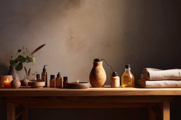 A tranquil spa setting with a wooden table