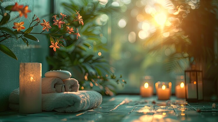 A tranquil spa setup promoting relaxation and mental wellbeing solid color background 4k ultra hd