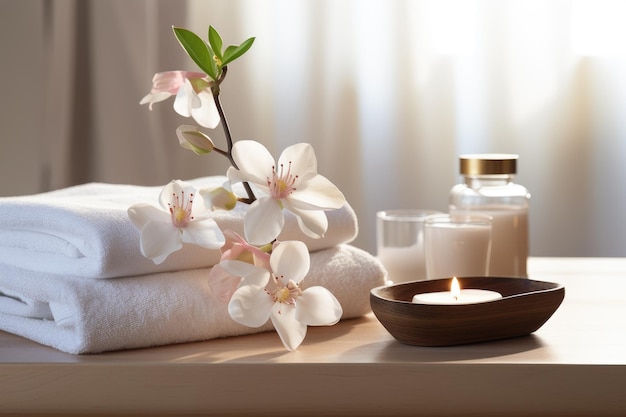 A tranquil spa and wellness environment adorned with blossoming flowers and neatly arranged towels