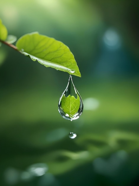 A tranquil spring morning with a single drop of water suspended in midair reflecting the sun's ray