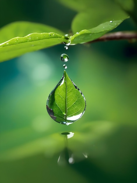 A tranquil spring morning with a single drop of water suspended in midair reflecting the sun's ray