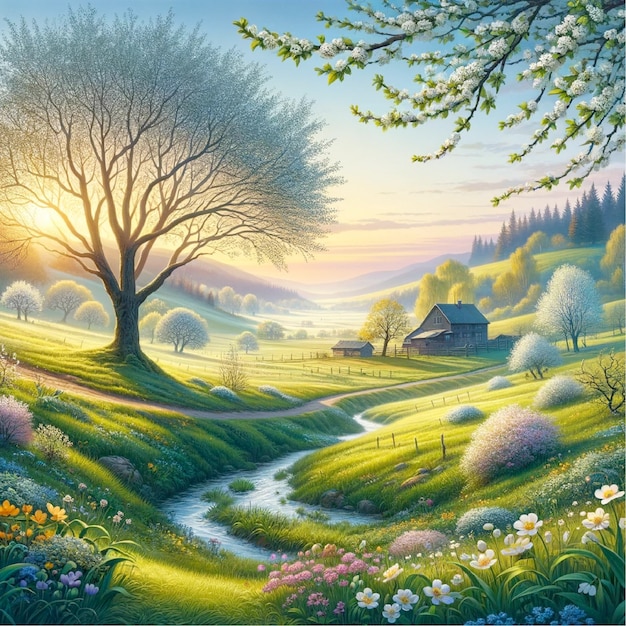 静かな春のベクトル画像は,夜明けの平和な田舎のシーンを描いています