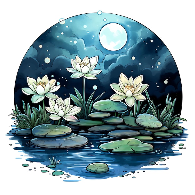Спокойный звездный ночной сад Спокойные водяные лилии Медитация Уютная акварель природы Декоративная