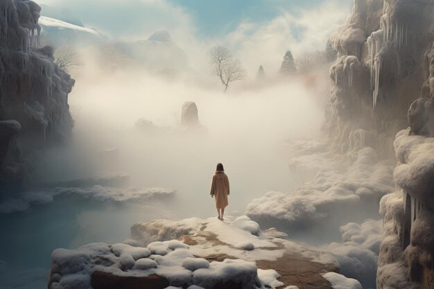 Спокойные шаги женщины в одиночестве в снежной пустыне