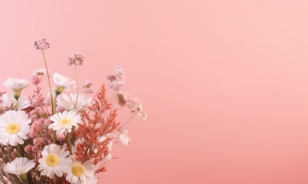 落ち着いたピンクの背景に花瓶に入れられた白いヒナギクの静かな静物画 生成 AI ツールで作成