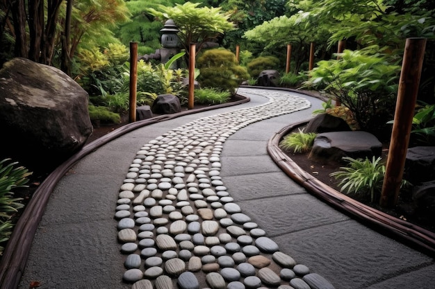 Tranquil stone pathway winding through zen garden created with generative ai