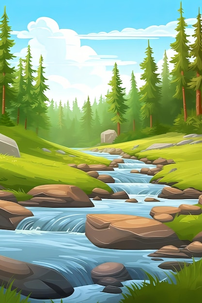 A tranquil stream flowing through a vibrant green forest