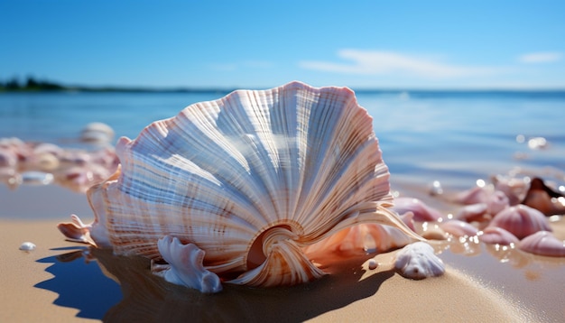 Foto tranquilla spiaggia estiva conchiglie d'acqua di sabbia collezione di conchiglie di stelle di mare generata da intelligenza artificiale