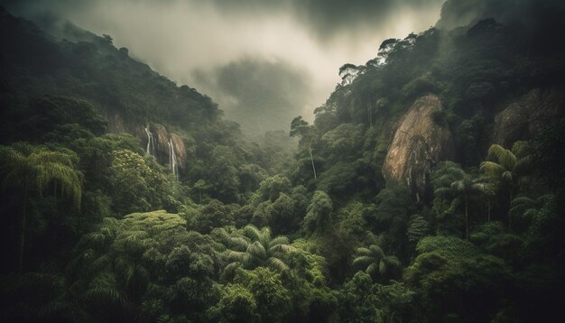 Tranquil summer hike through tropical rainforest to mountain peak adventure generated by artificial intelligence