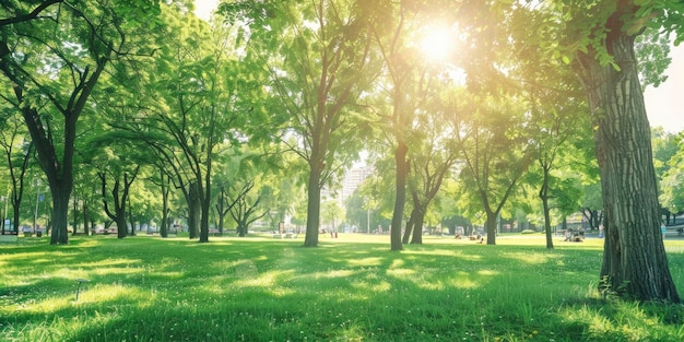 緑 の 茂る 樹木 と 晴れ の 光 が 透け て いる やかな 夏 の 公園