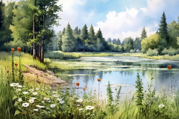 のどかな夏の風景 水彩画